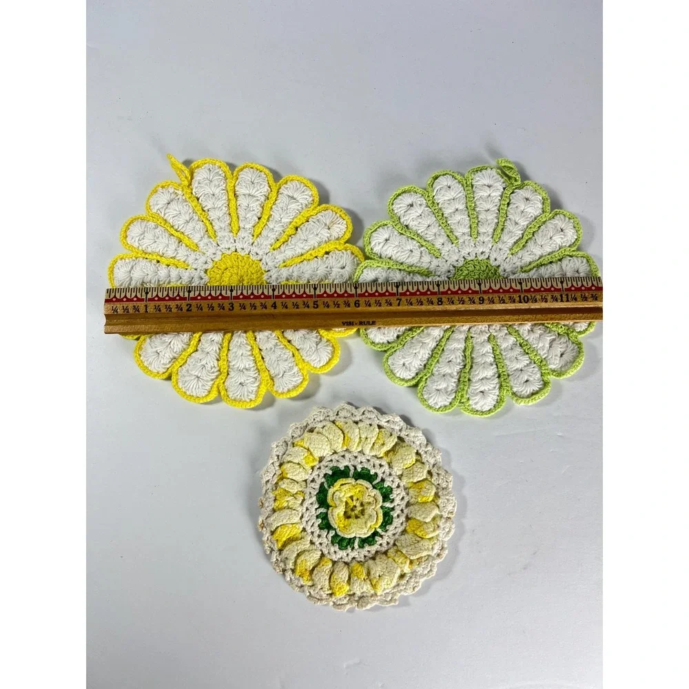Handmade crochet pot holders trivet doilies Vintage yellow green